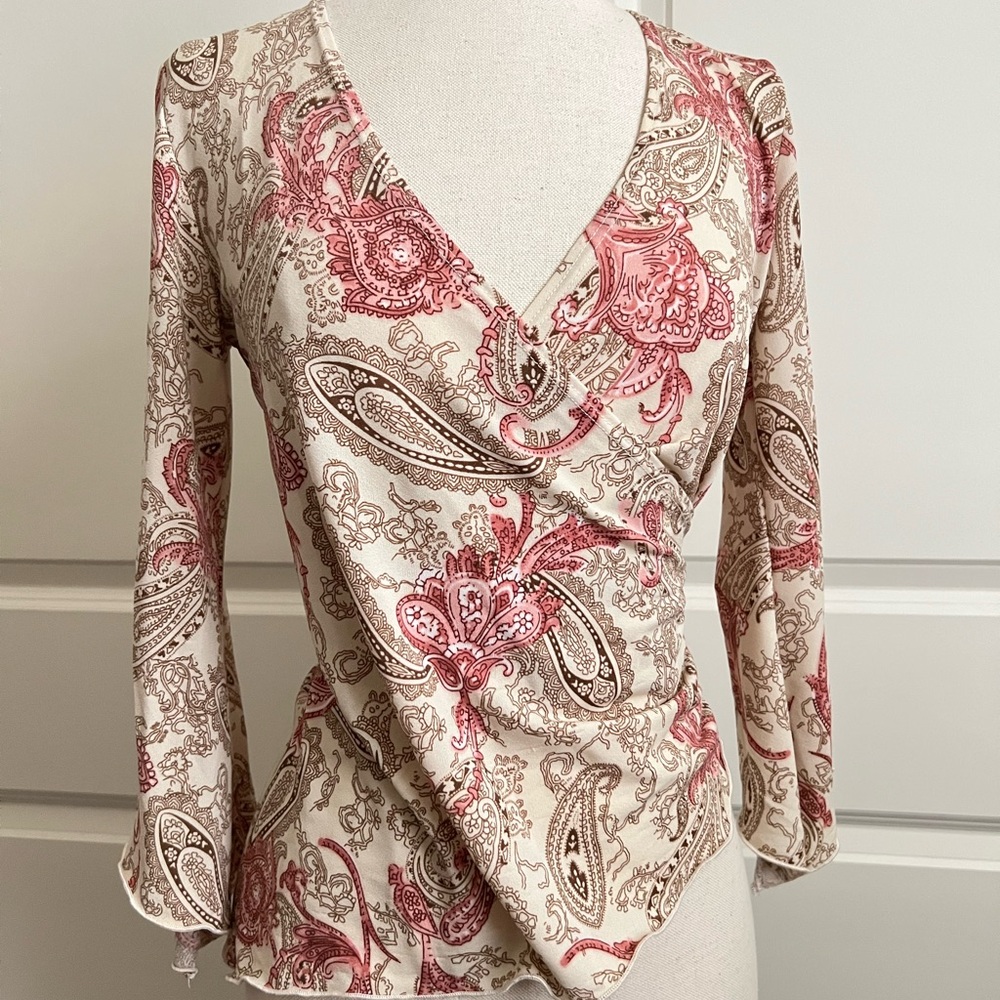 Red and Pink Wrap Blouse with 3/4 Sleeves